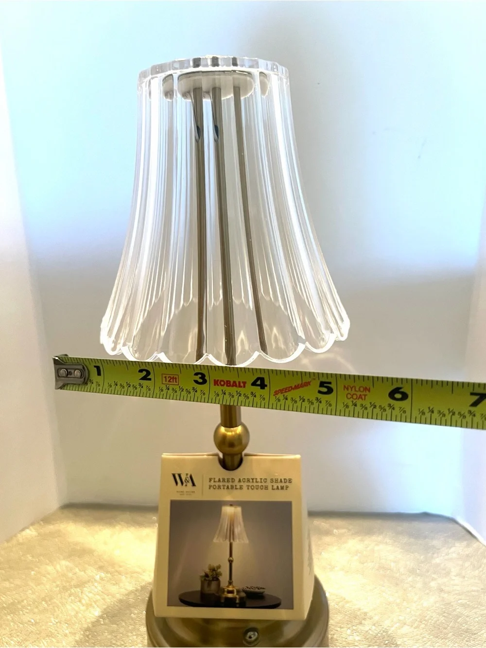 NEW W&A Home Decor Clear Acrylic Shade Rechargeable Touch Gold Table Lantern 12”